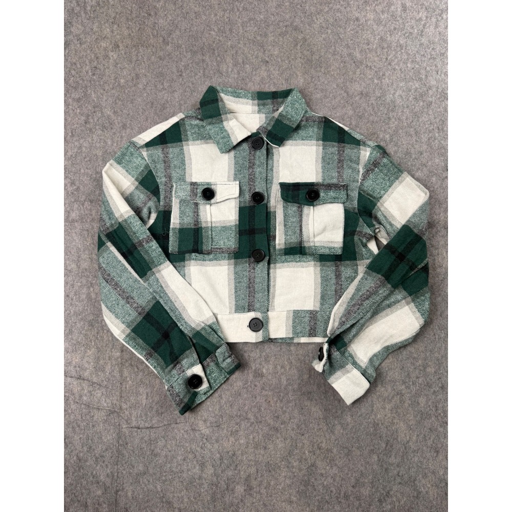 SHEIN Plaid Shacket Women S Green White Polyester Cropped Button Jacket Boho